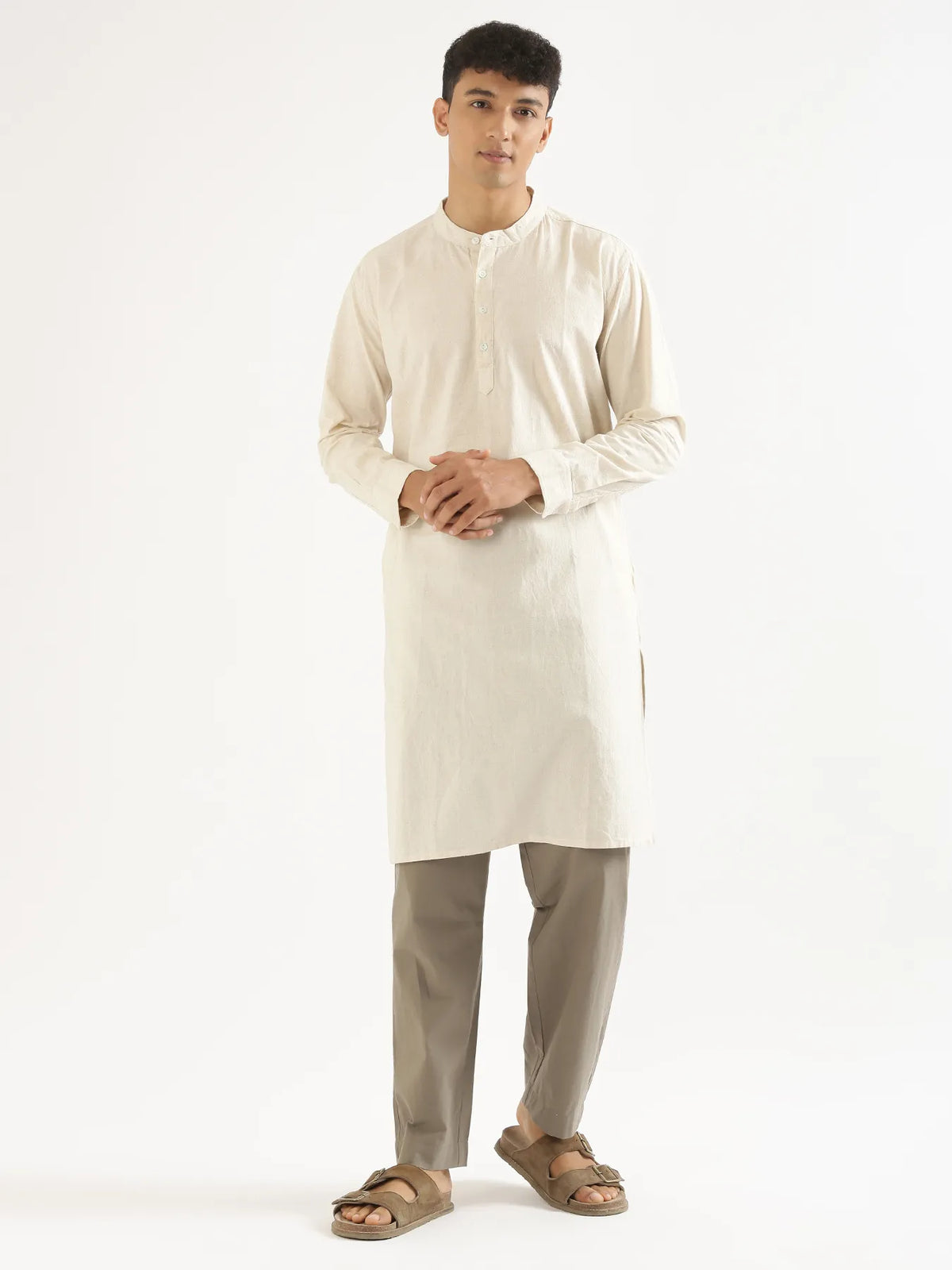 Pick Any 2 Men Airy Linen Long Kurta - Ecru