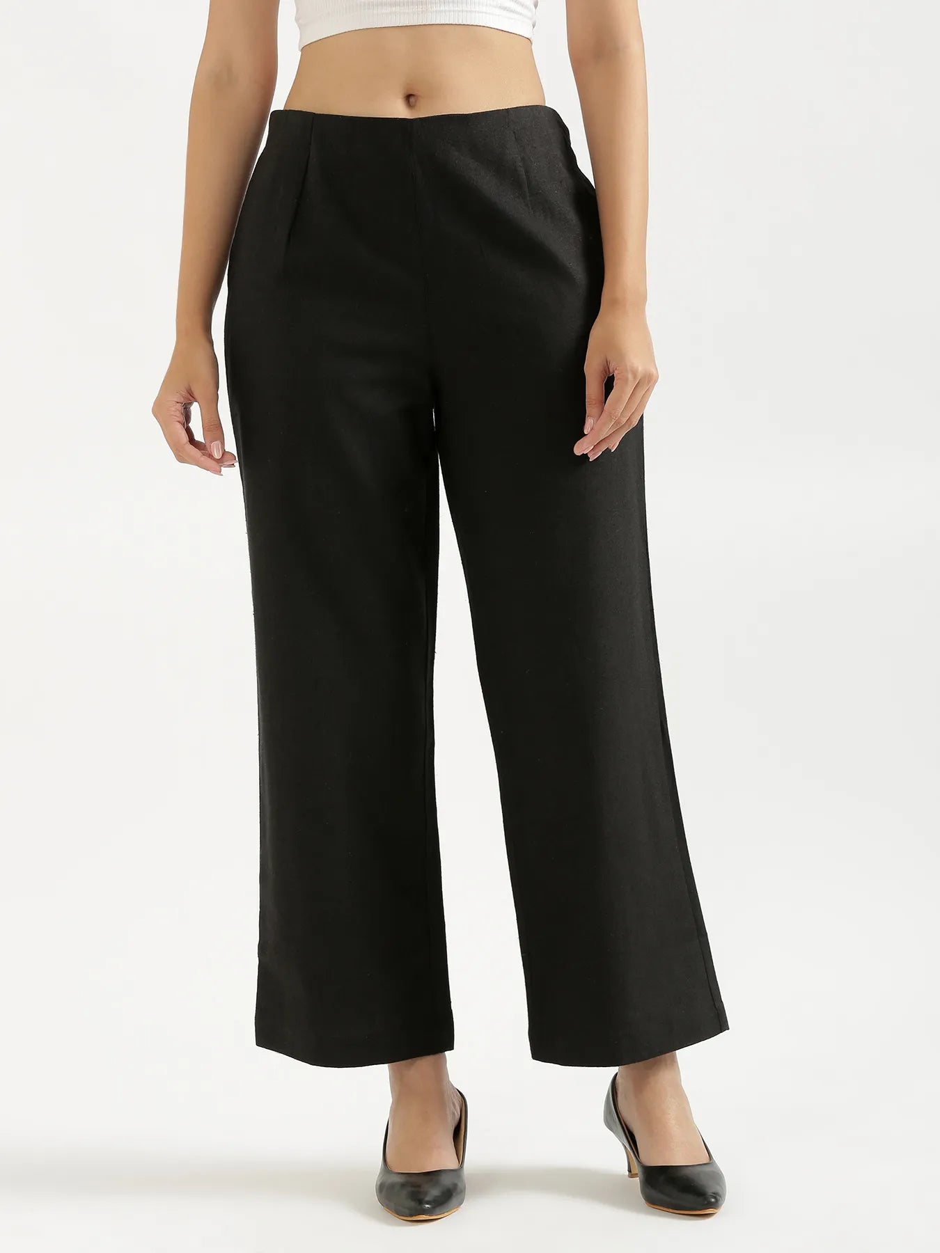 Women Black Linen Blend Wide Leg Pant