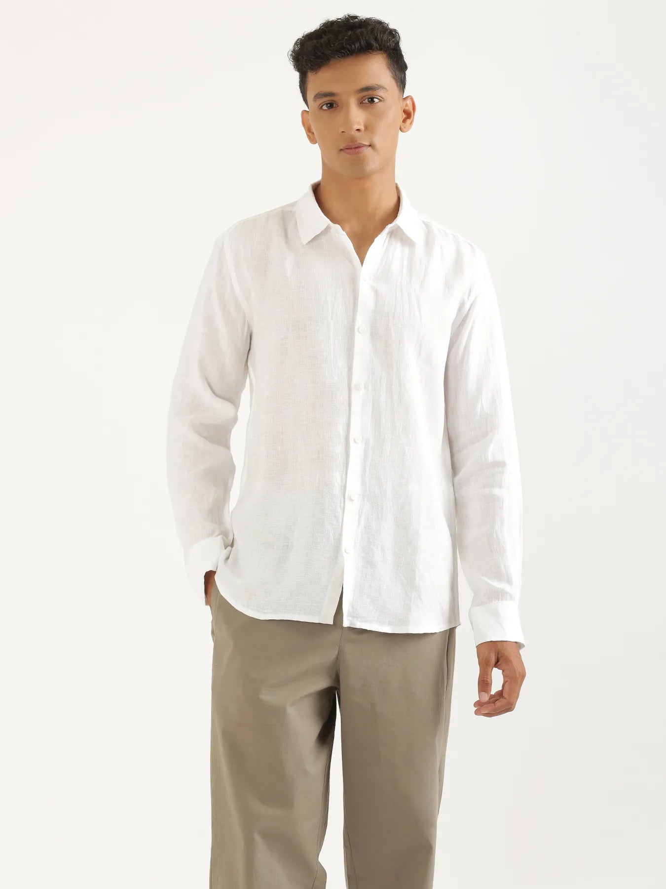 Men White Pure Linen Full Sleeve Shirt