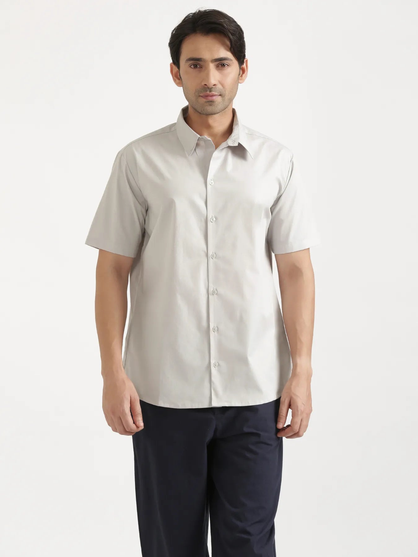 Men Light Grey Better Cotton Short Sleeve Shirt & Navy Blue Cotton Pant