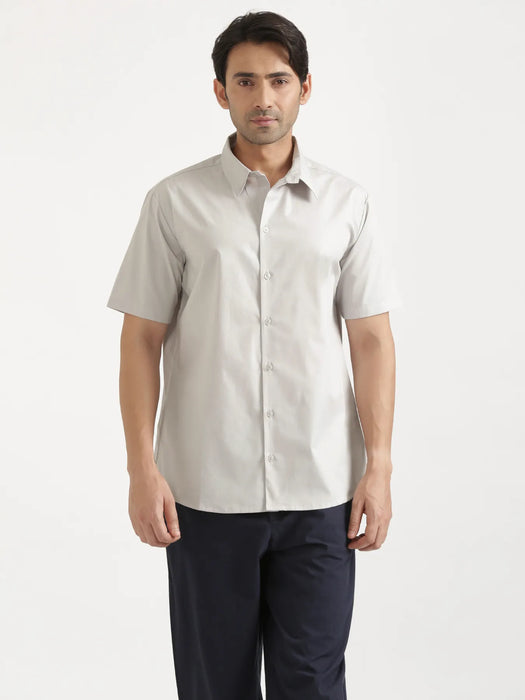 Men Light Grey Better Cotton Short Sleeve Shirt & Navy Blue Cotton Pant