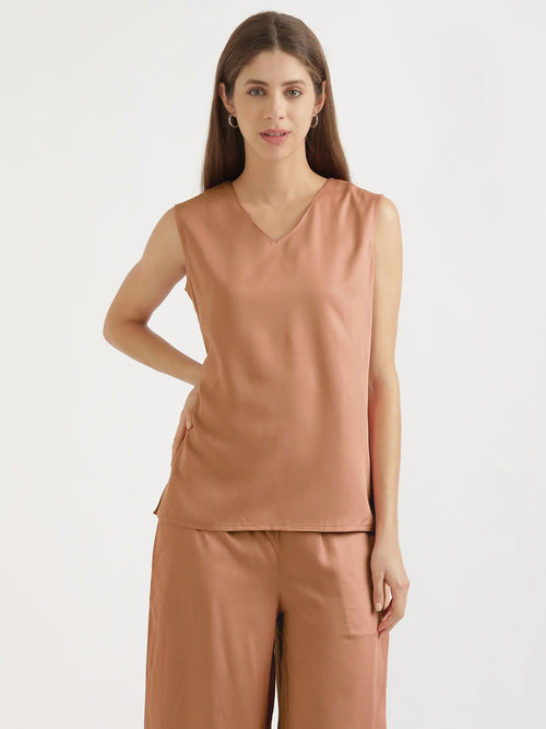 Women Mocha Mousse V-Neck Sleeveless Top