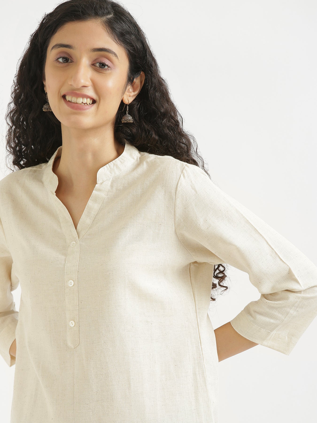 Ecru Short Kurta with Wine Cotton Pant