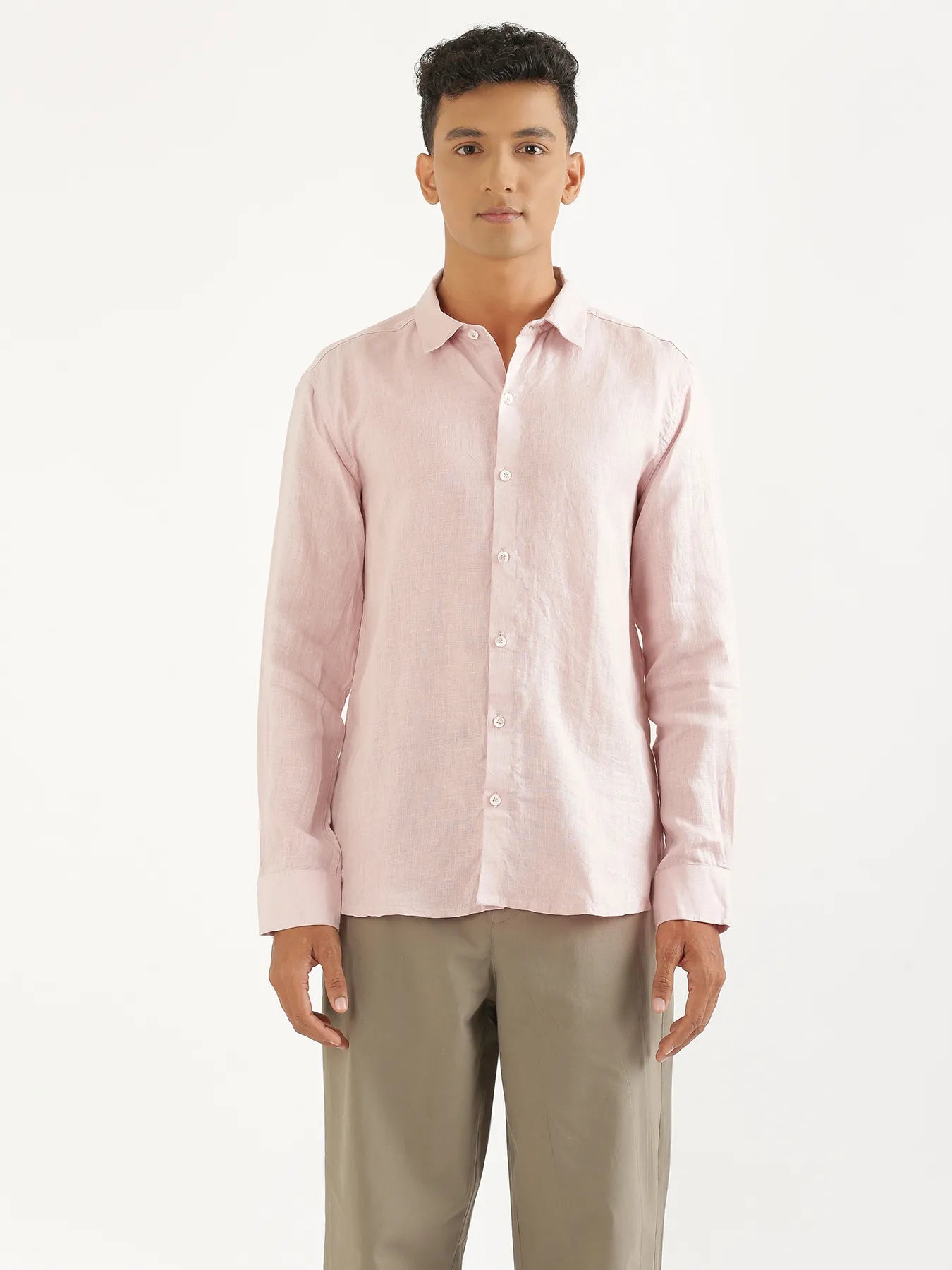 Men Light Pink Pure Linen Full Sleeve Shirt
