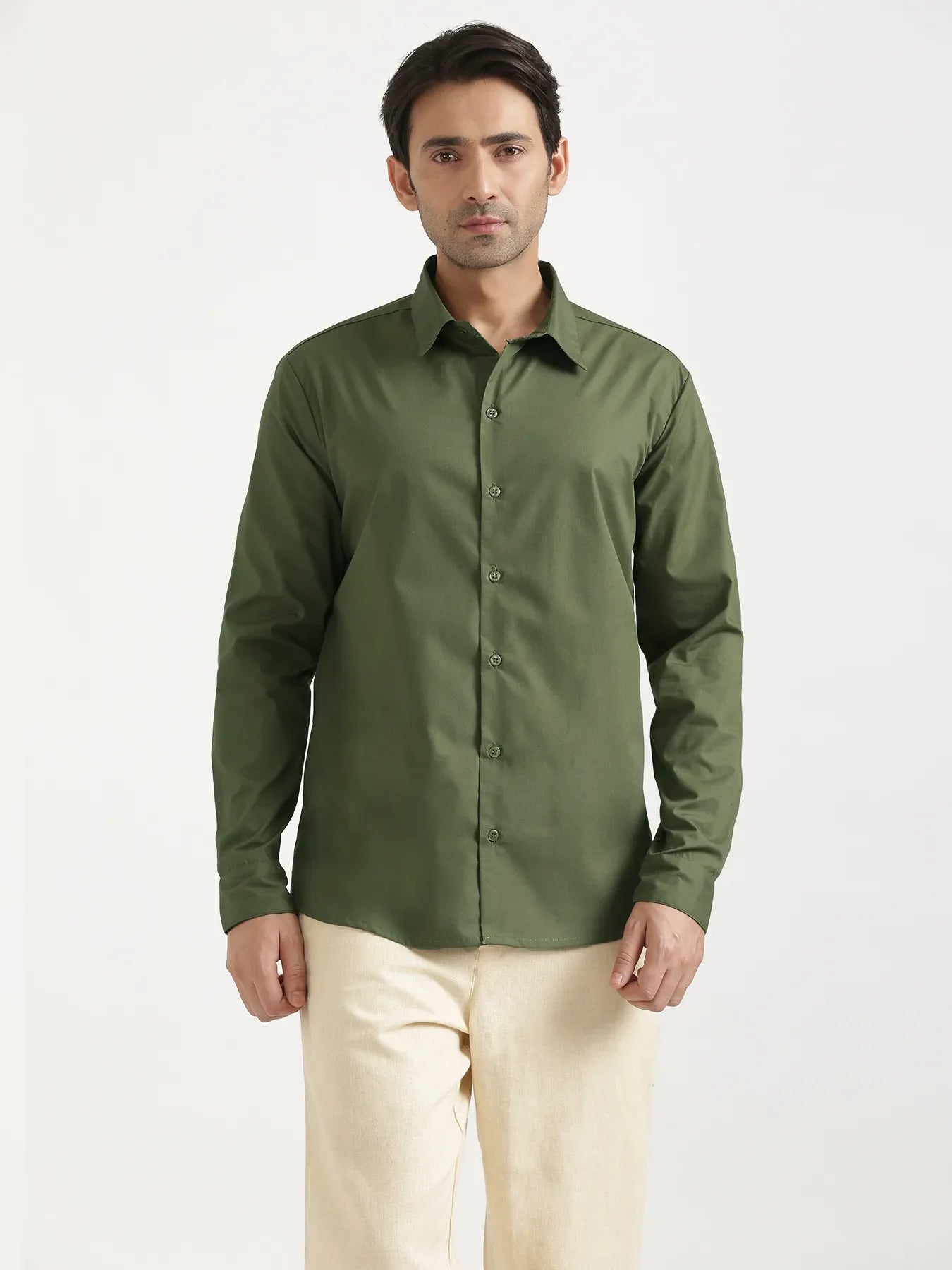 Men Forest Green Better Cotton Full Sleeve Shirt & Beige Linen Blend Straight Pant