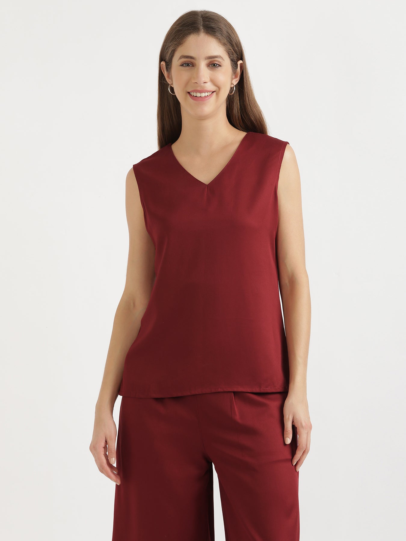 Women Maroon V-Neck Sleeveless Top