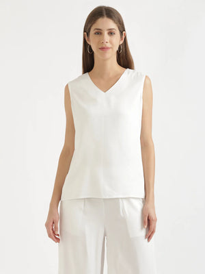 Women White V-Neck Sleeveless Top