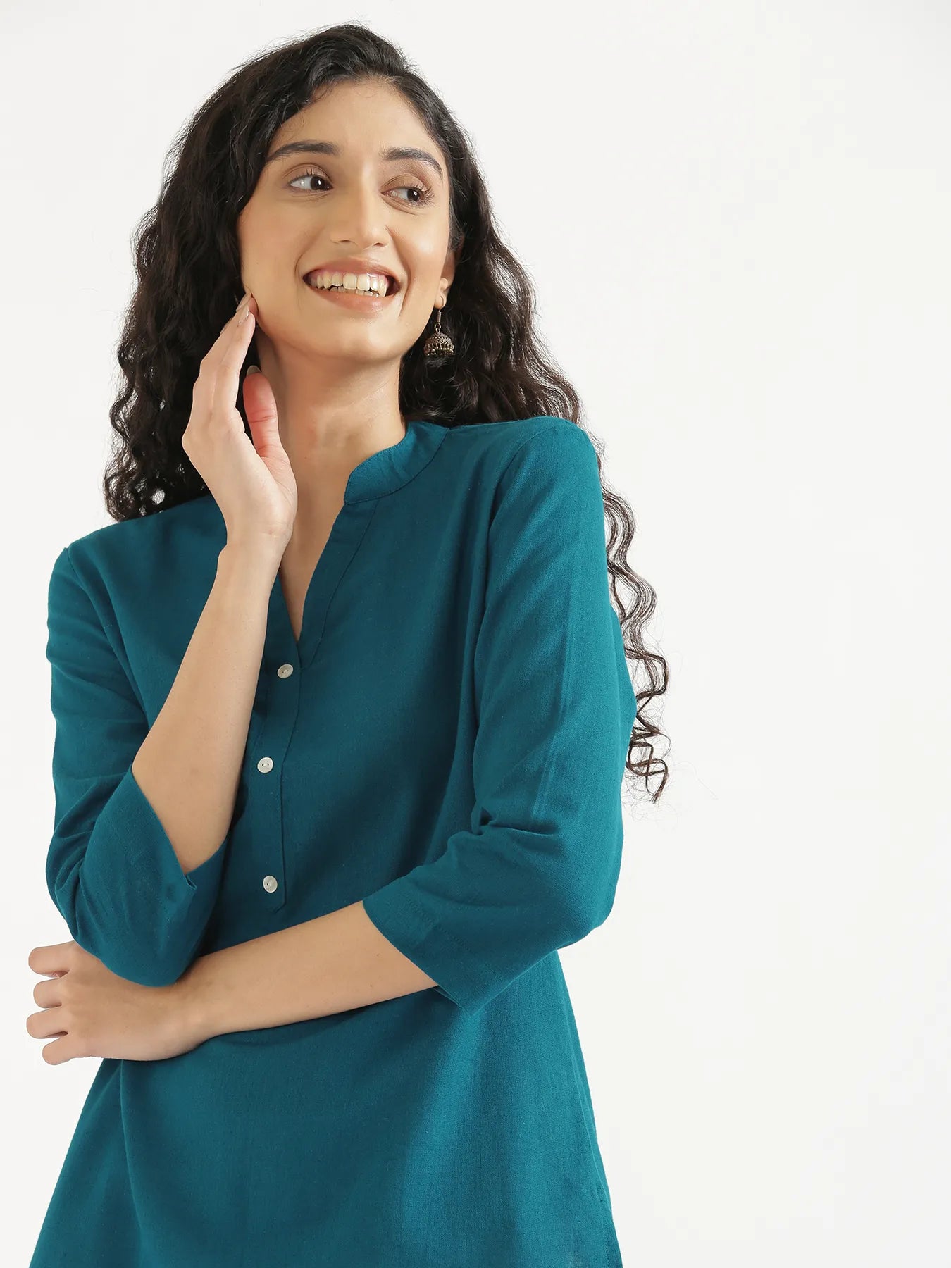Women Turquoise Airy Linen Short Kurta