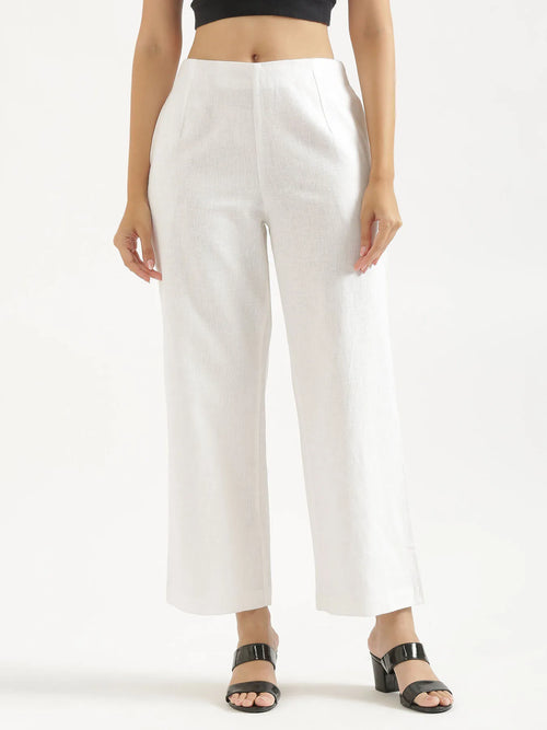 Women White Linen Blend Wide Leg Pant