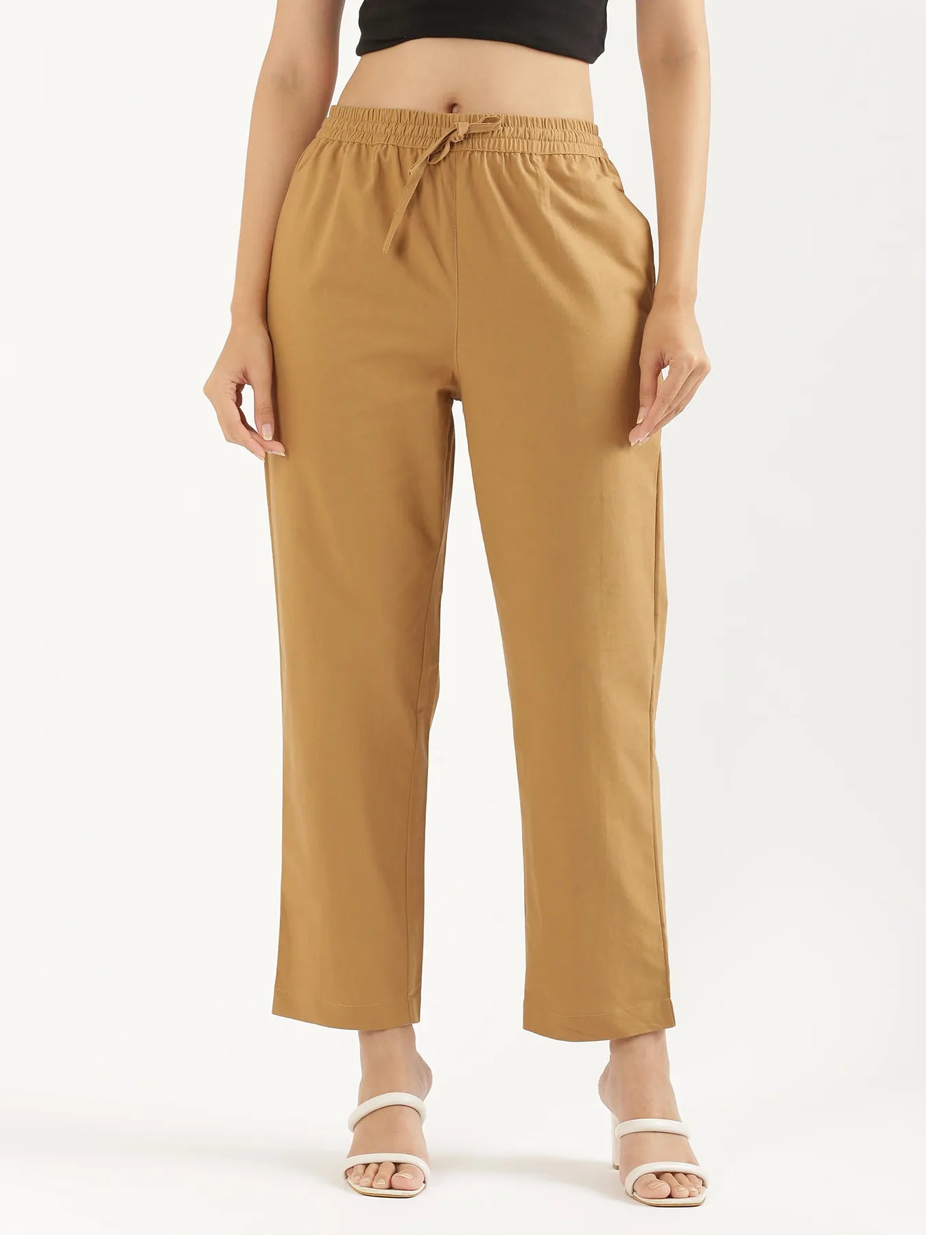 Women Coffee Brown Cotton Straight Pant