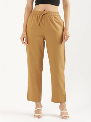 Women Coffee Brown Cotton Straight Pant