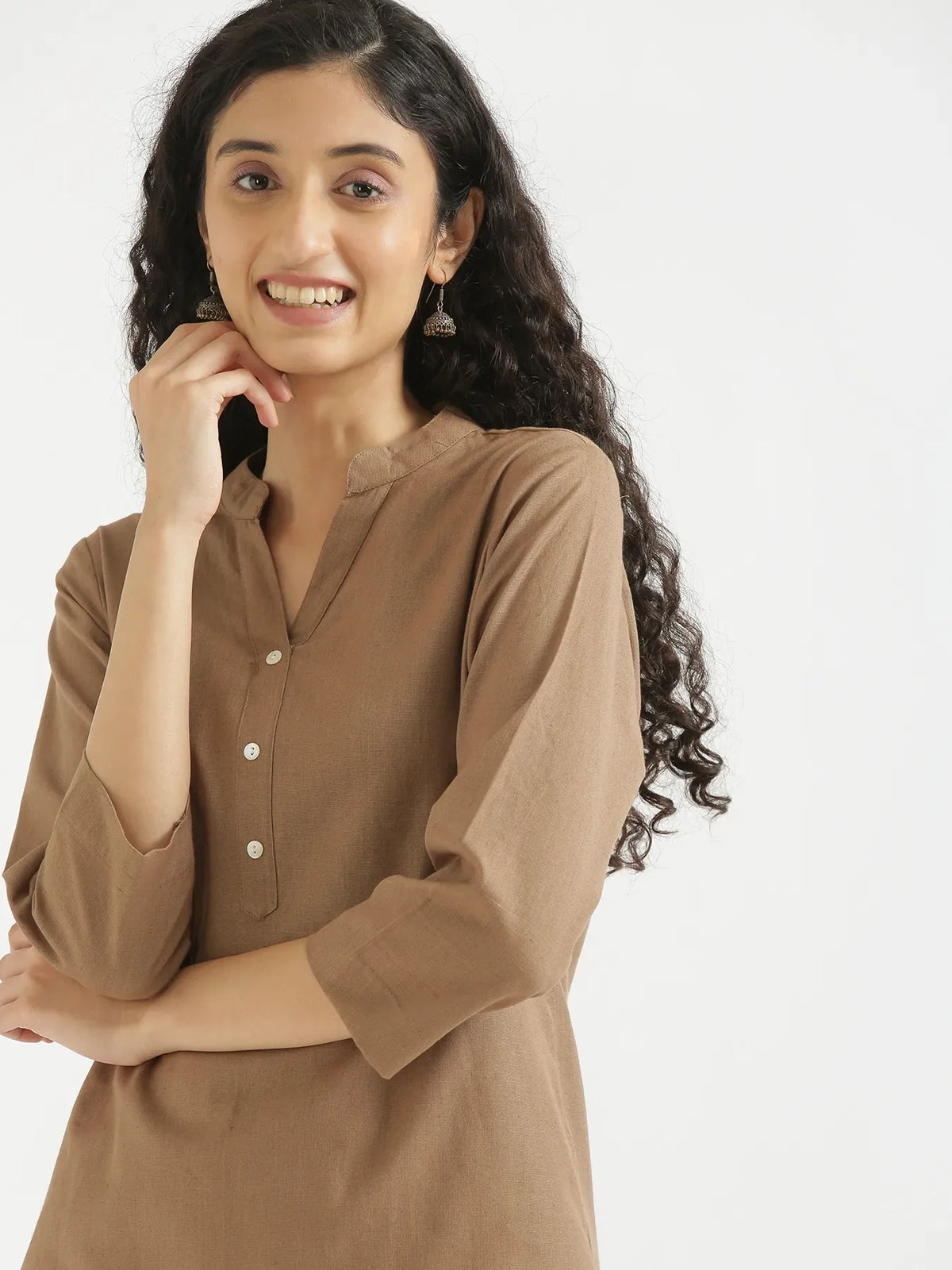 Pick Any 3 Women Airy Linen Short Kurta - Coffee Brown
