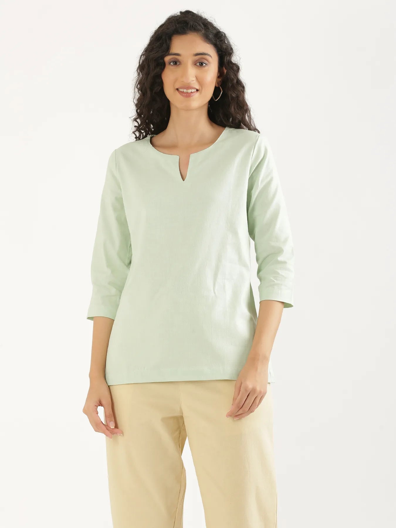 Women Mint Green Airy Linen Split Neck Short Kurta