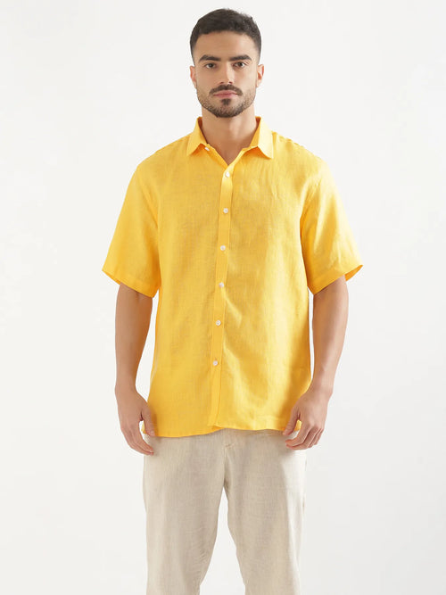 Men Mango Yellow Pure Linen Short Sleeve Shirt