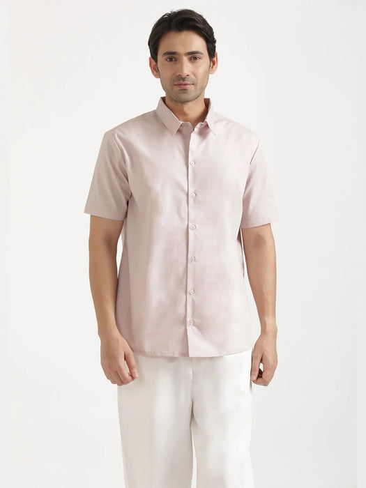 Men Mauve Pink Better Cotton Short Sleeve Shirt & White Cotton Pant