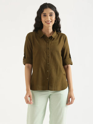 Women Olive Green Airy-Linen Shirt
