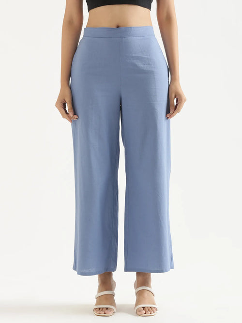 Women English Blue Airy Linen Wide Leg Pant