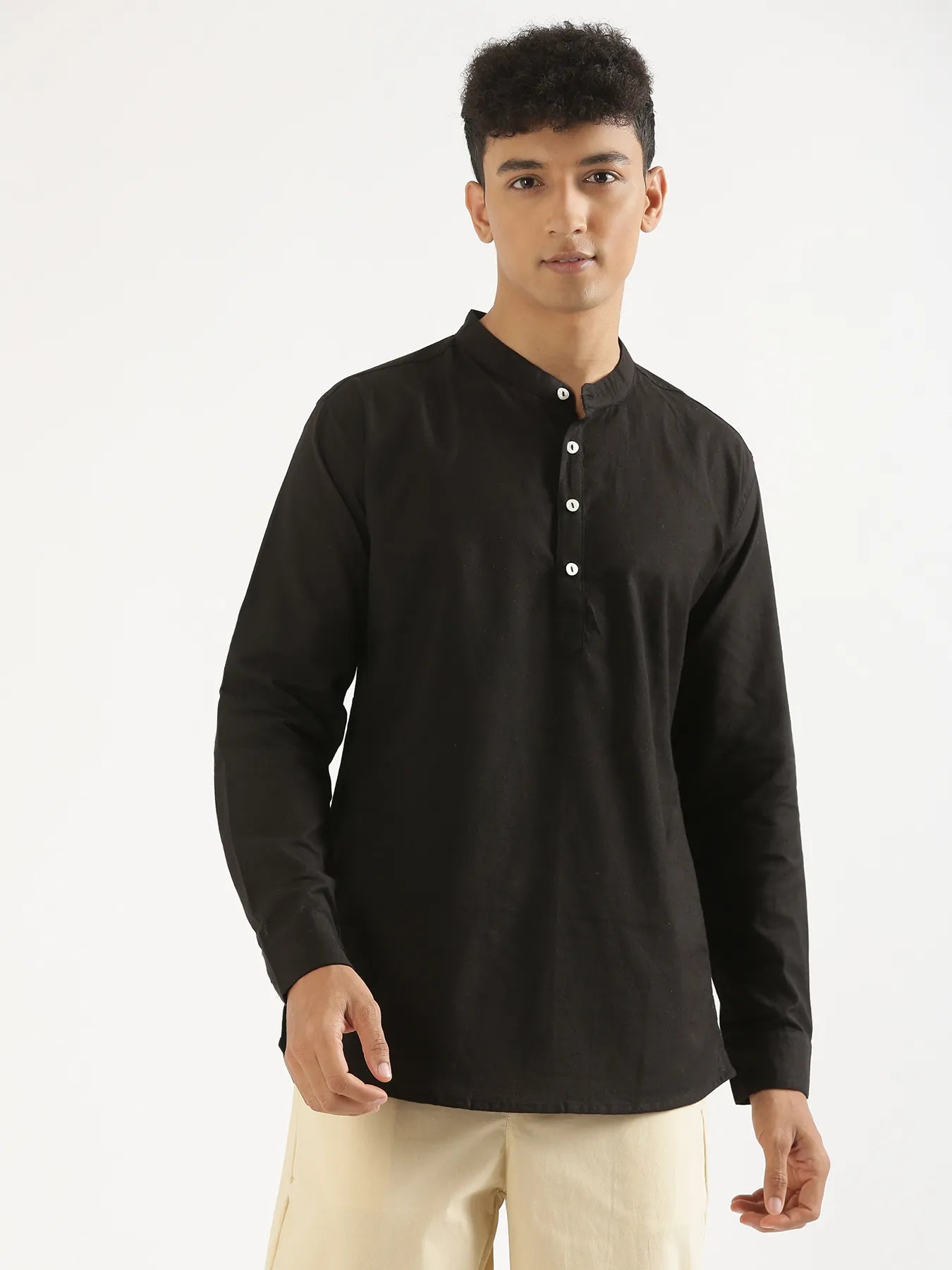 Men Black Airy Linen Short Kurta