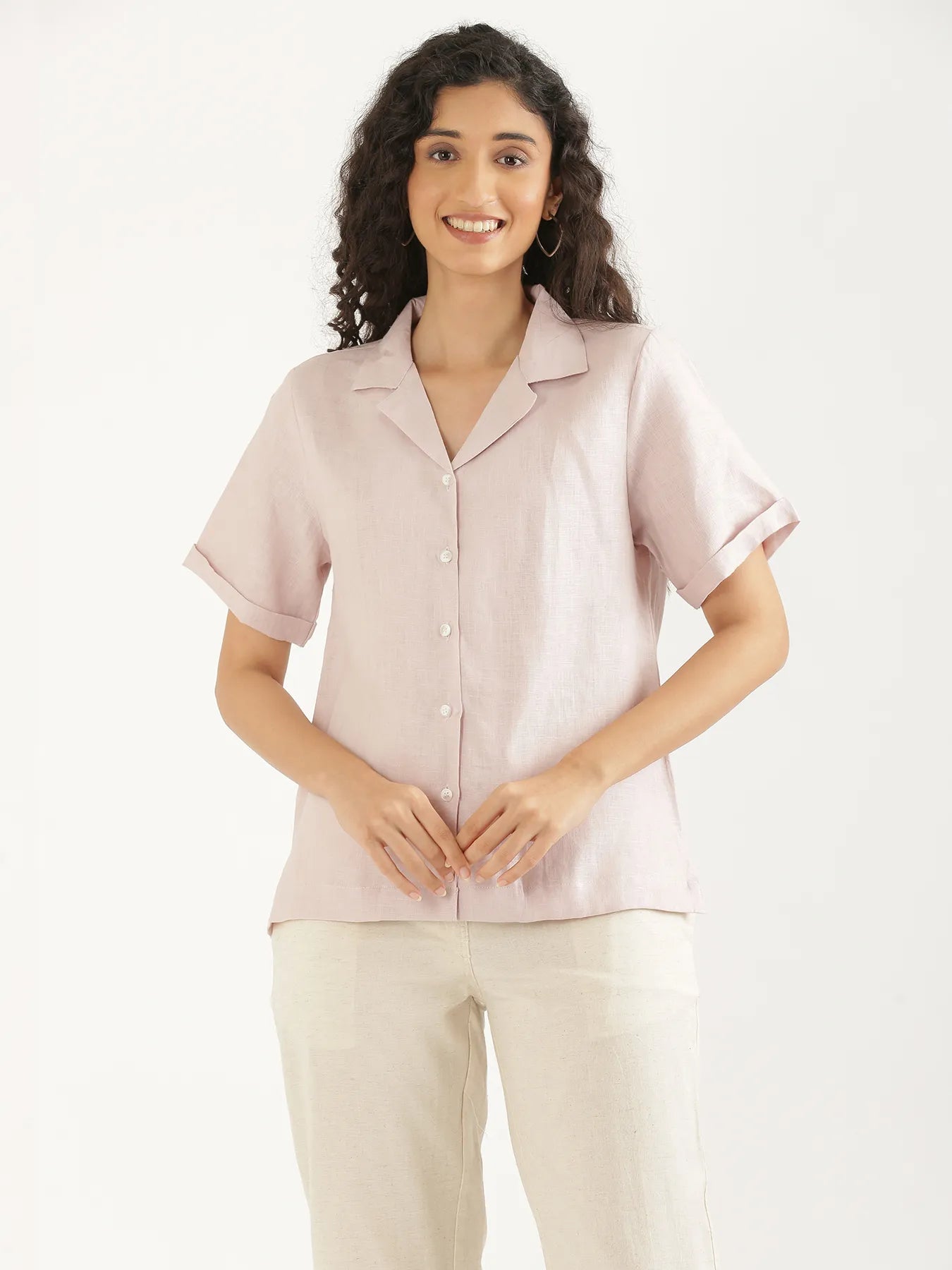 Women Light Pink Pure Linen Notch Collar Shirt