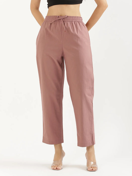 Women Rose Taupe Cotton Straight Pant