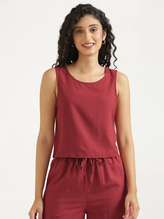 Women Maroon Flowy Linen Crop Top