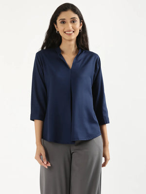Women Navy Blue Viscose Pleated Top
