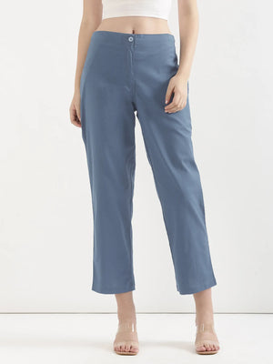 Women English Blue Airy Linen Straight Pants