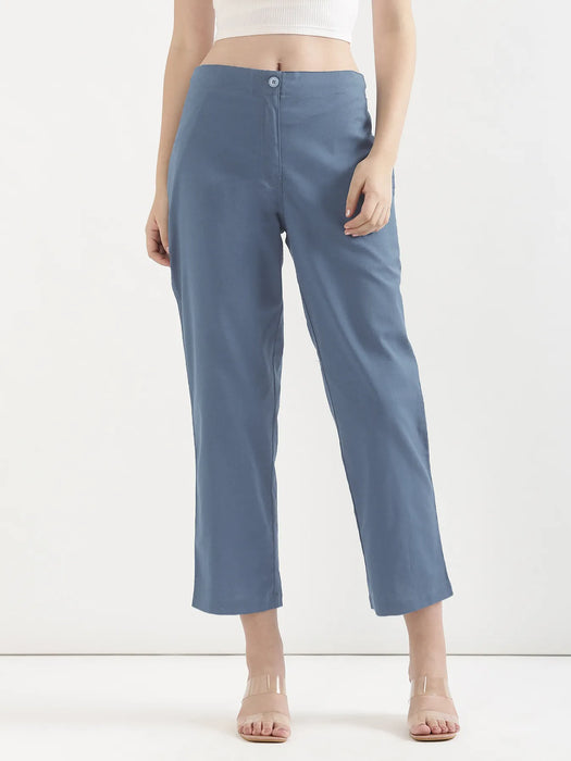 Women English Blue Airy Linen Straight Pants