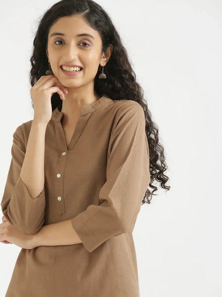 Women Coffee Brown Airy Linen Short Kurta