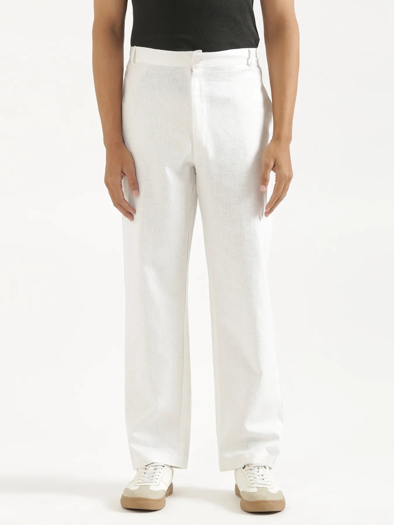 Men White Linen Blend Straight Pant