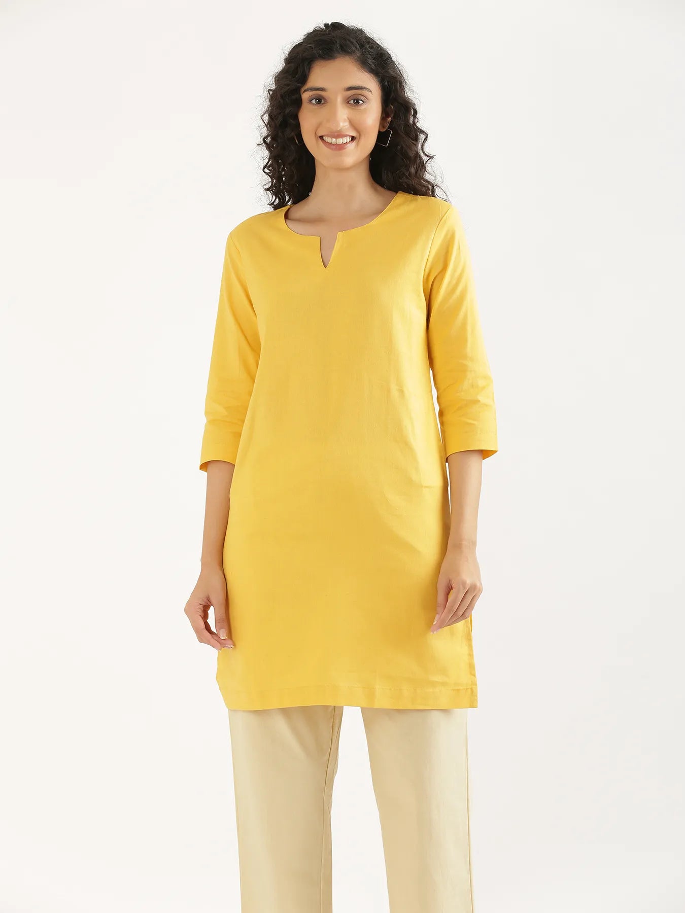 Women Yellow Airy Linen Mid Thigh Length Kurta