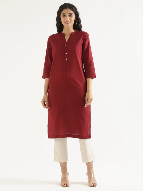 Women Maroon Airy Linen Long Kurta