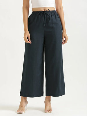 Women Navy Blue Flowy Linen Wide Leg Pants