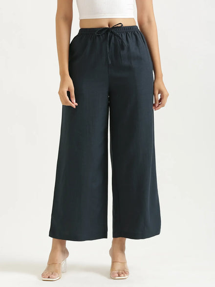 Women Navy Blue Flowy Linen Wide Leg Pants