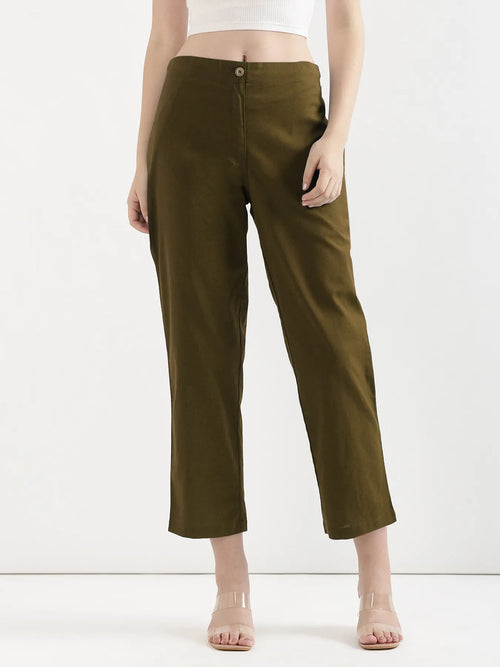 Women Olive Green Airy Linen Straight Pants