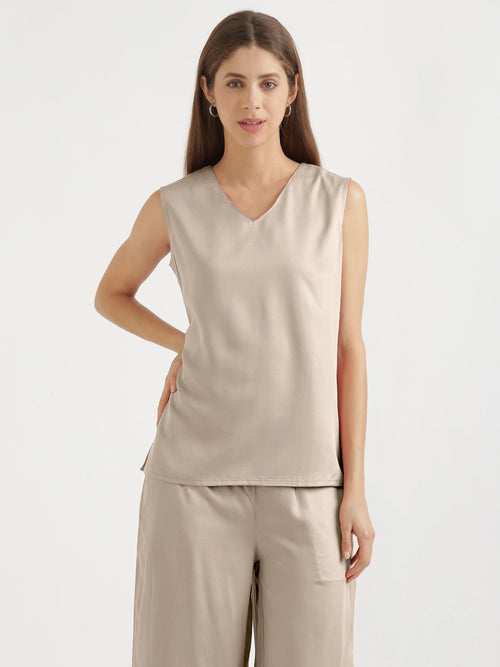 Women Taupe V-Neck Sleeveless Top