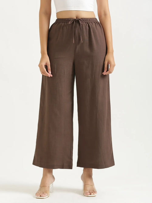 Women Dark Brown Flowy Linen Wide Leg Pants