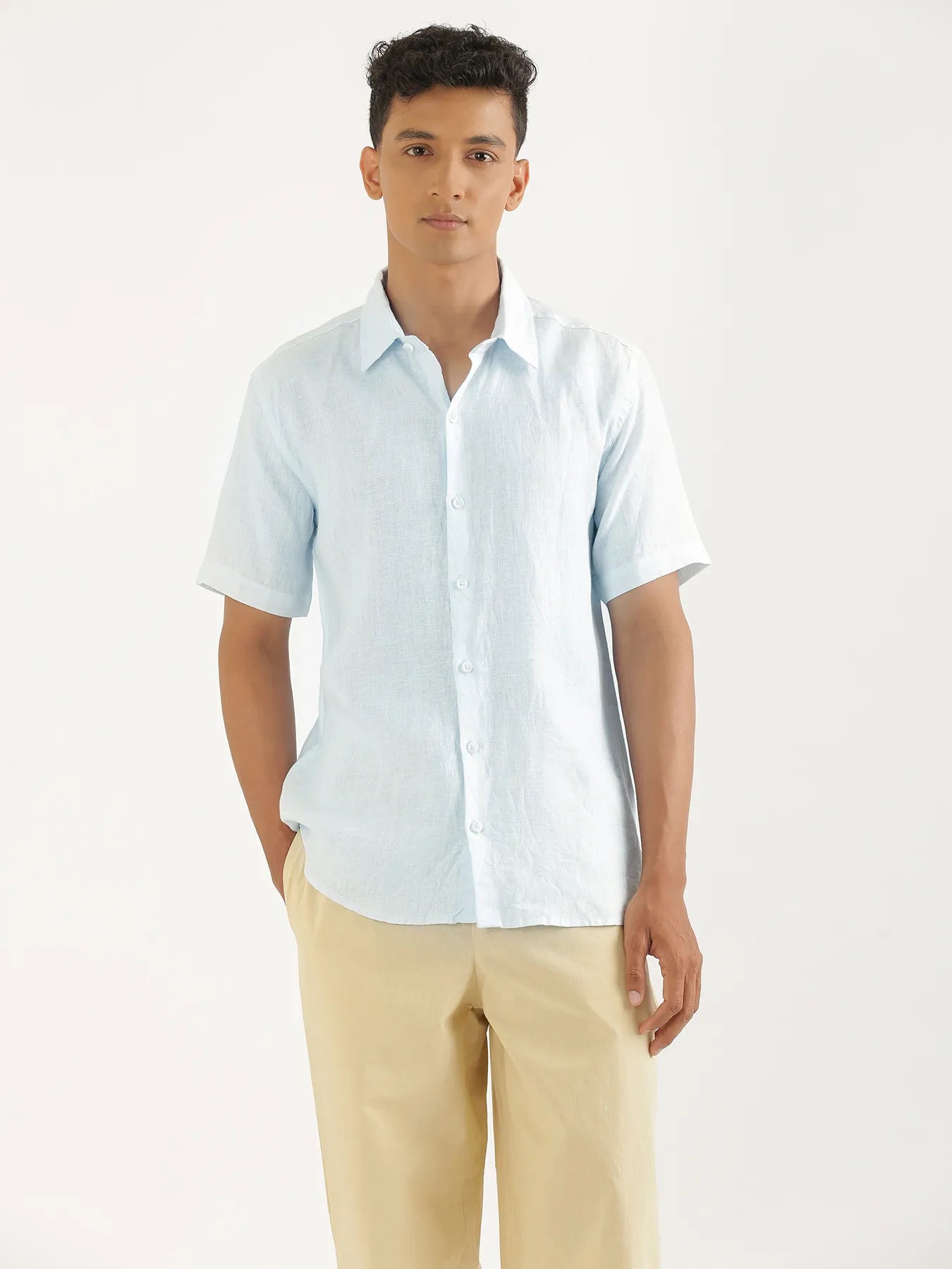 Men Light Blue Pure Linen Short Sleeve Shirt