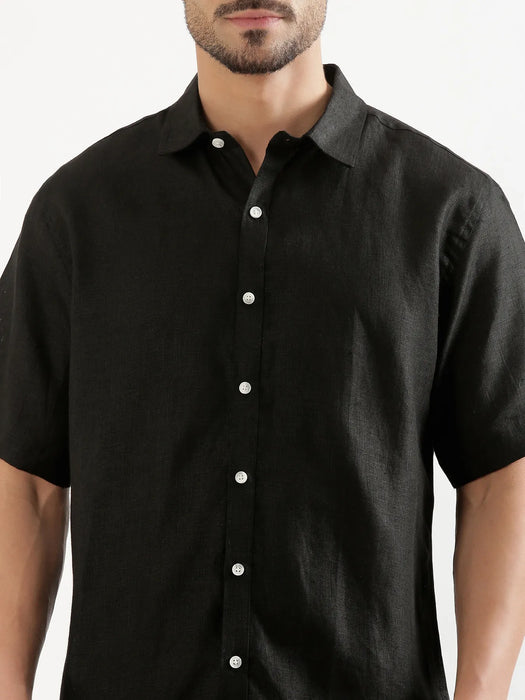 Men Black 100% Linen Half Sleeve Shirt