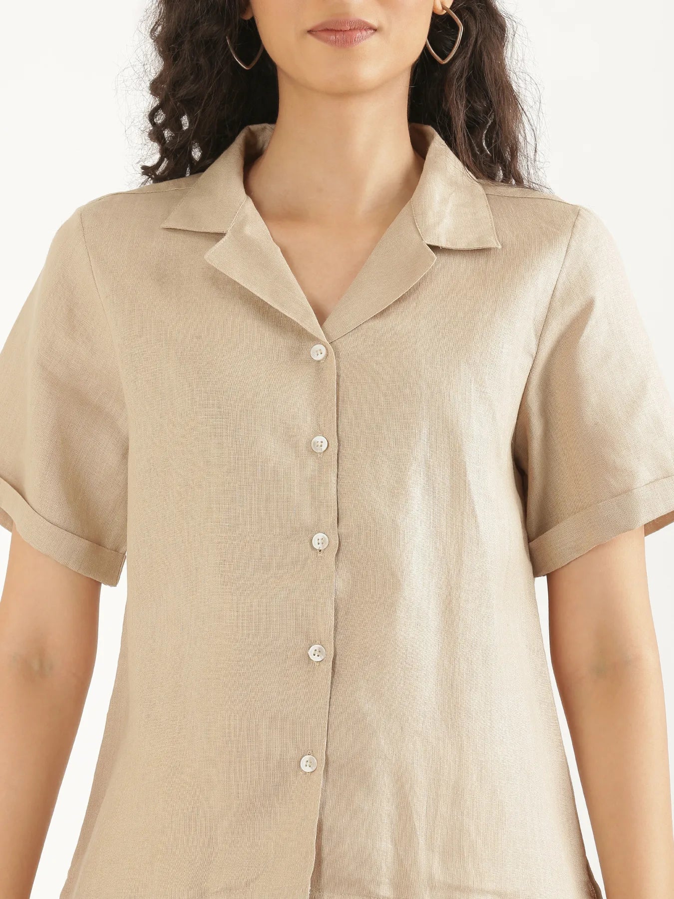 Women Taupe Pure Linen Notch Collar Shirt