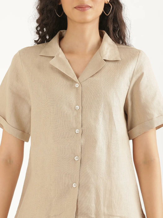 Women Taupe Pure Linen Notch Collar Shirt