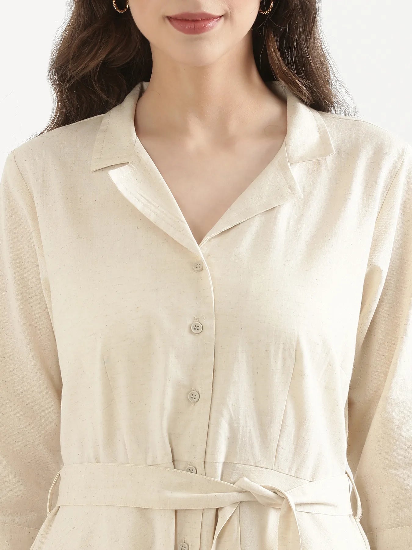 Women Ecru Airy Linen Flared Dress