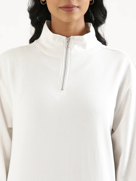 Unisex White Zip Neck Sweatshirt