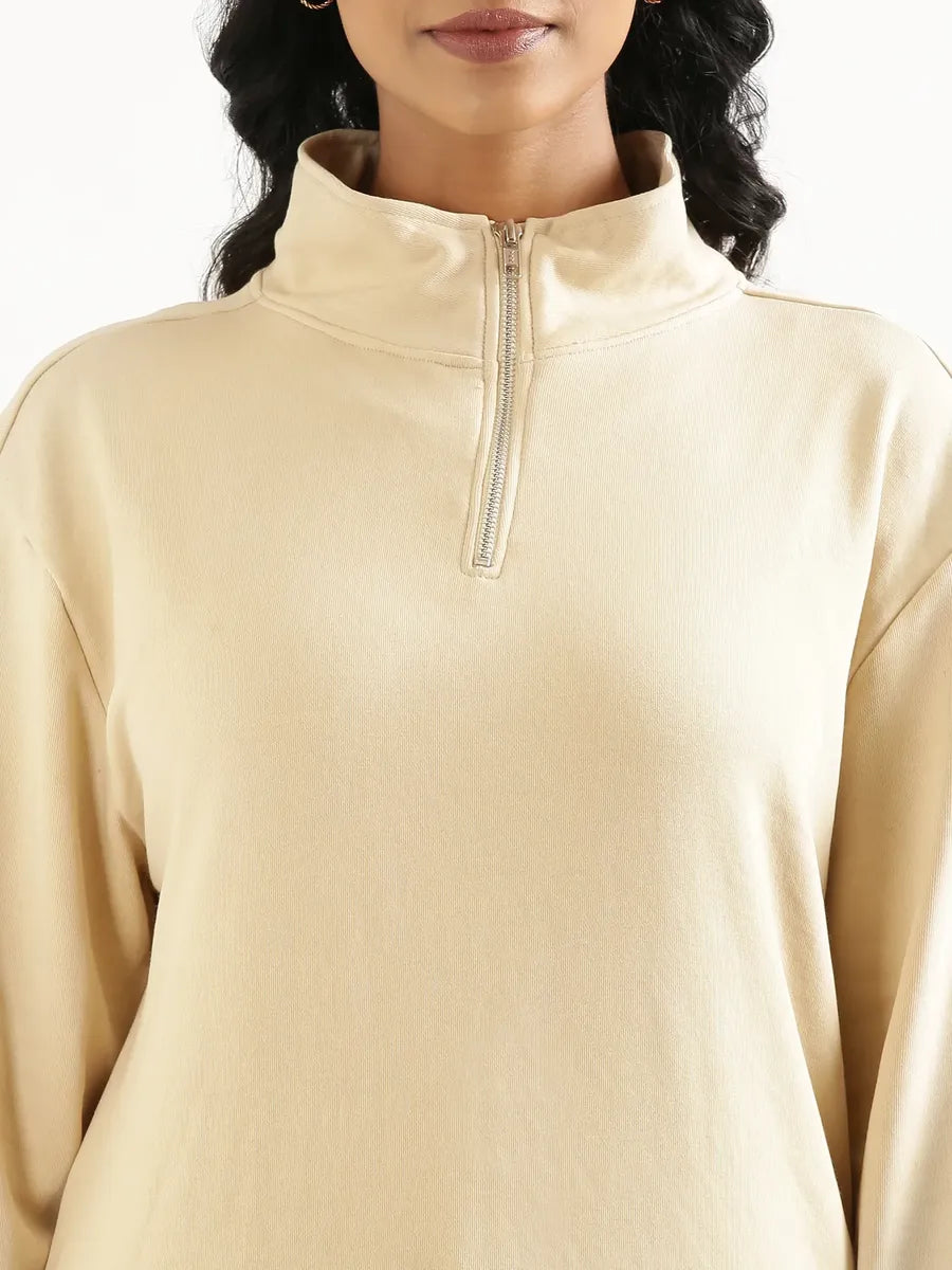Unisex Beige Zip Neck Sweatshirt