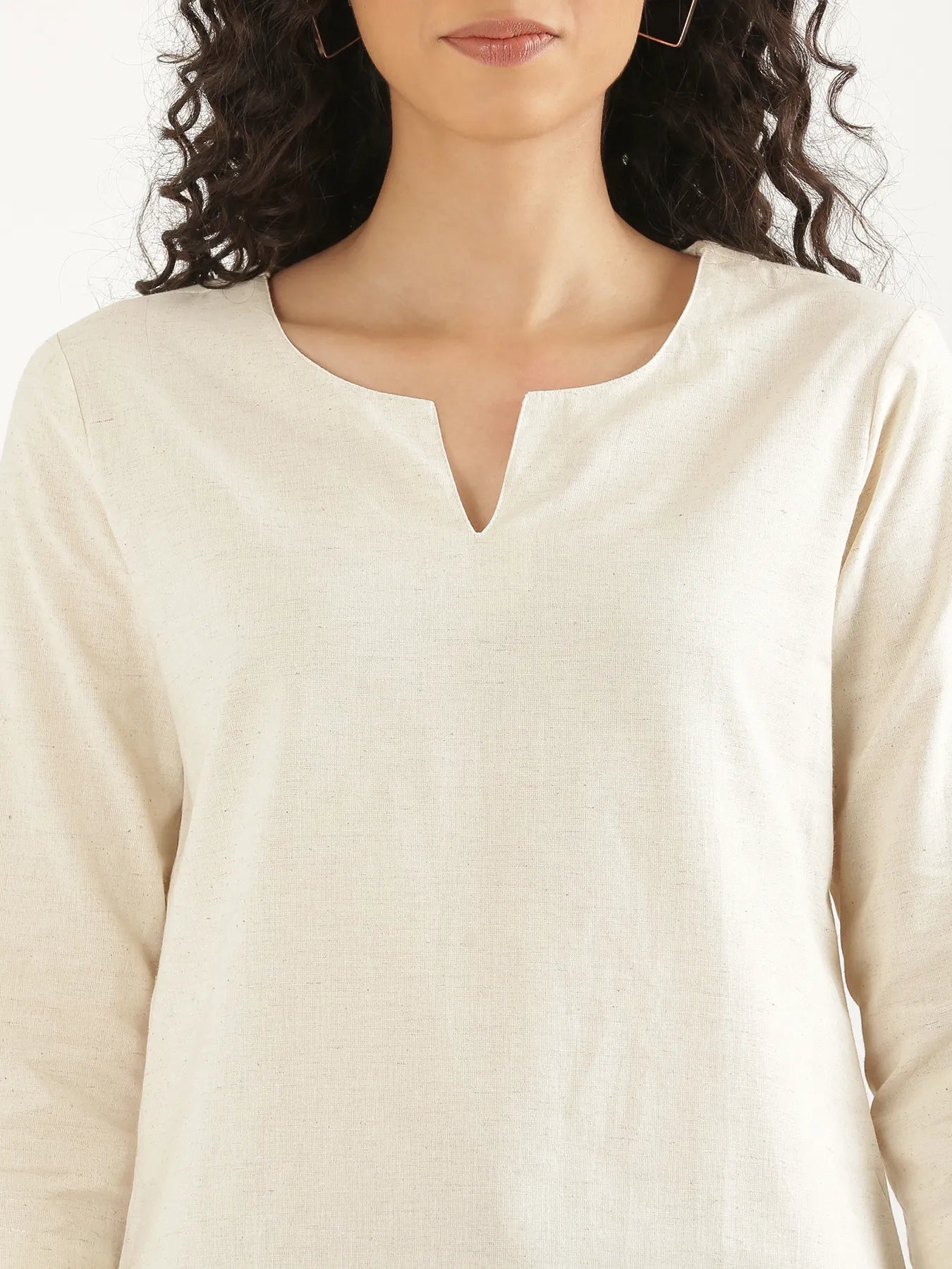 Women Ecru Airy Linen Split Neck Short Kurta