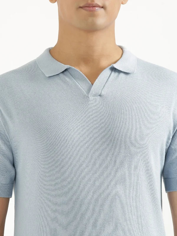 Men Light Blue Flat Knit Polo