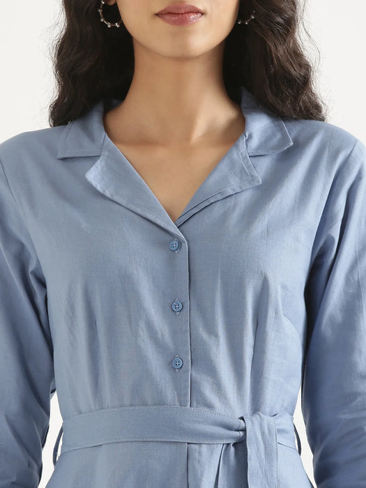 Women English Blue Airy Linen Flared Dress