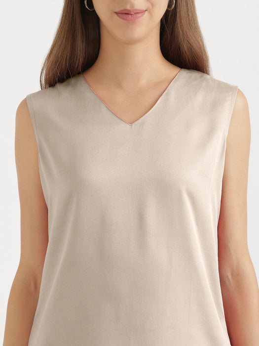 Women Taupe V-Neck Sleeveless Top