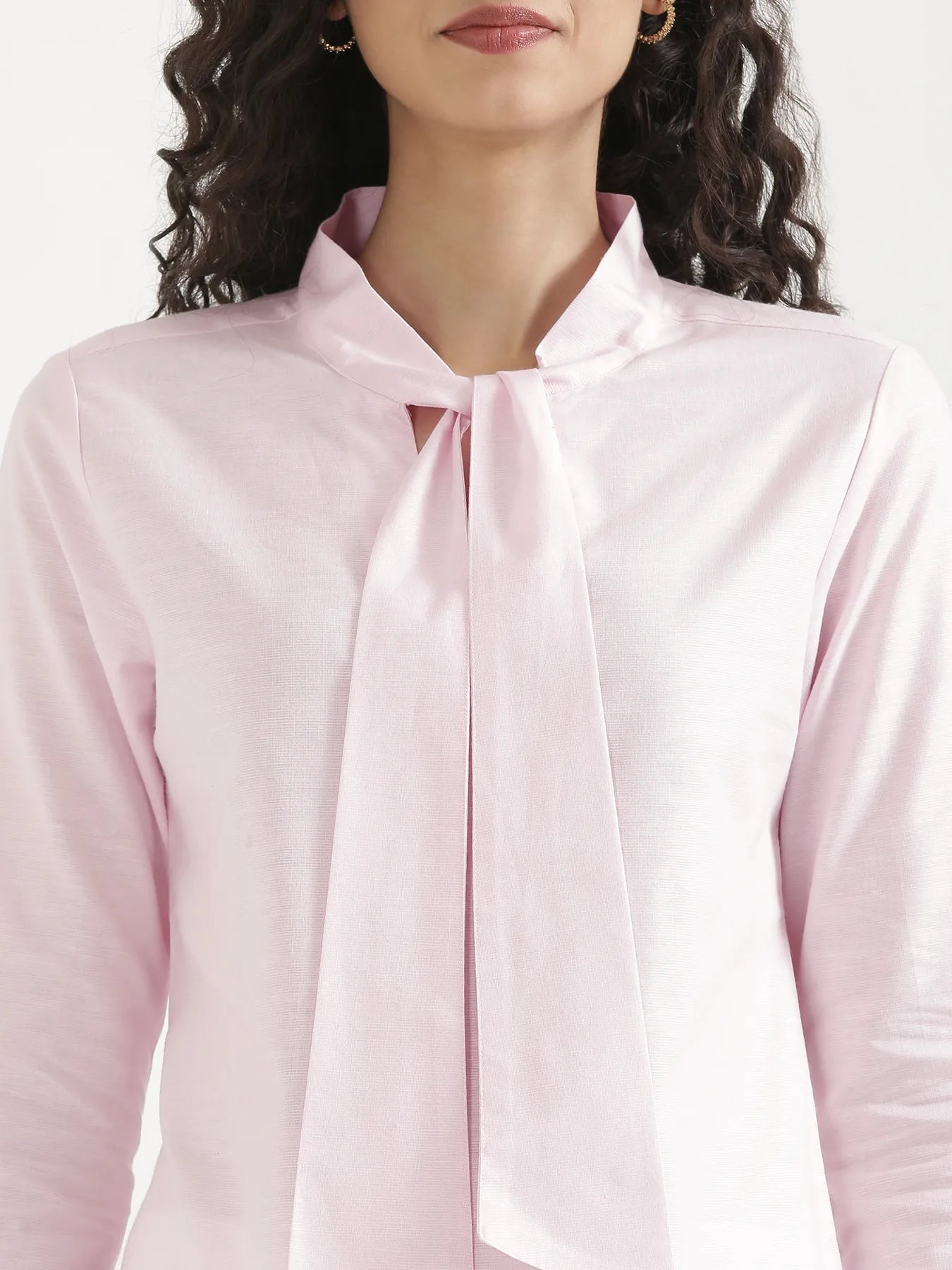 Women Blush Pink Linen Blend Knot Blouse & White Airy Linen Straight Pants Pant Set