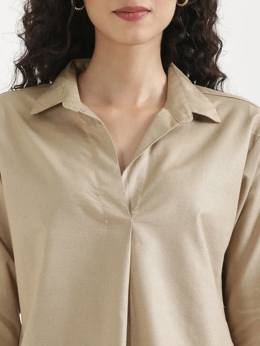 Women Taupe Linen Blend Pleated Top